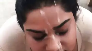 Big boob babe takes thick Indian cum in mouth