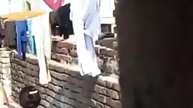 Aunty Bathing Topless in Terrace..